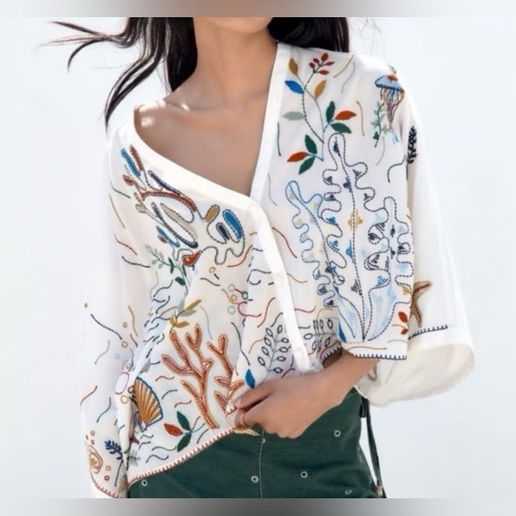 Zara Tops - Zara | Multicolour Down by the Sea 100% Cotton Embroidered Kimono Sz Small